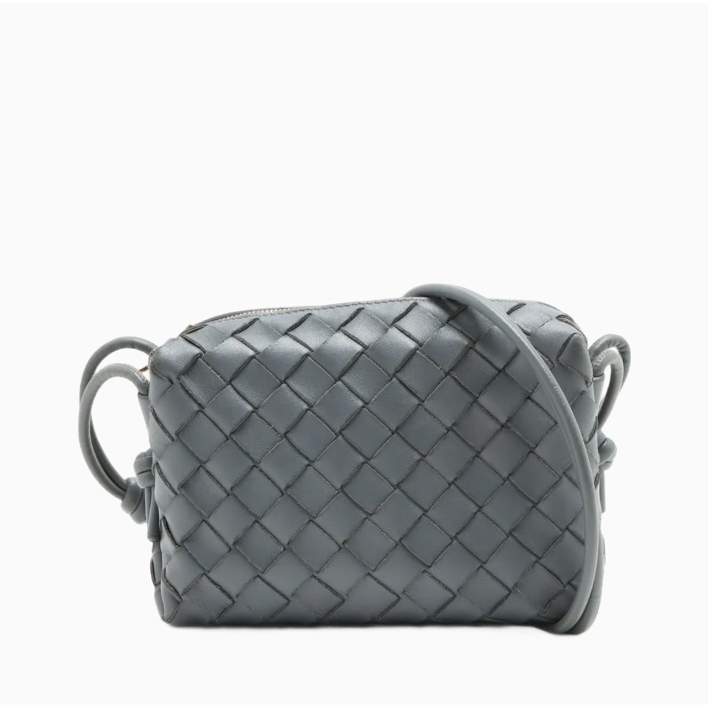 BOTTEGA VENETA Grey Intrecciato Mini Loop Leather Crossbody Camera Bag AUTHENTIC